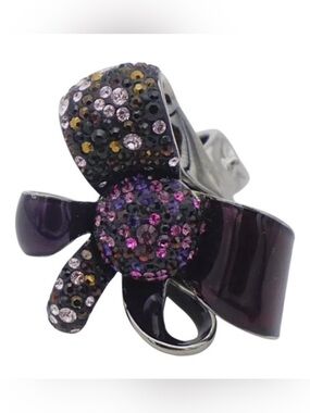 Swarovski Nirvana Cocktail Purple Flower Ribbon Bow Silver Ring